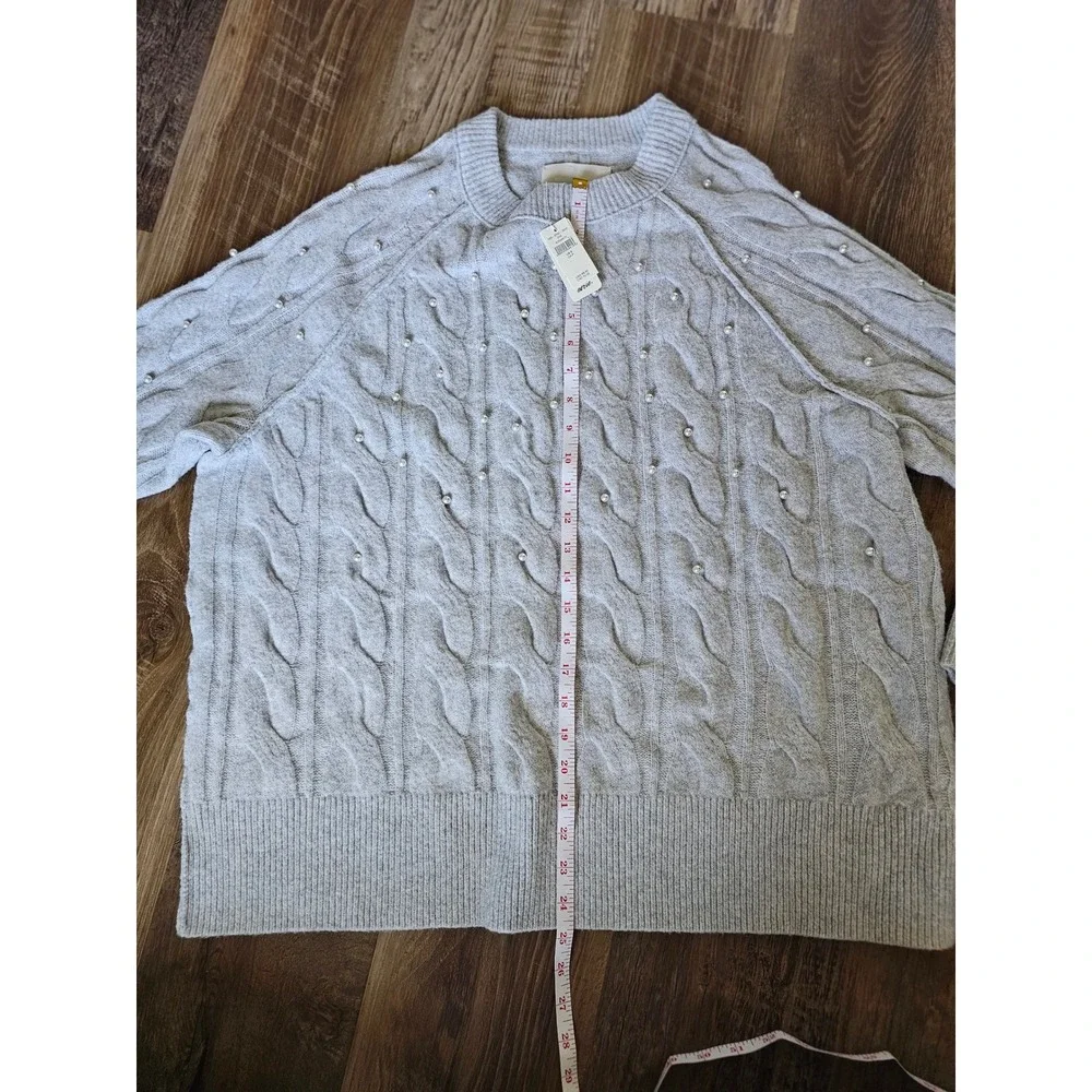 Aerie Pearl Embellished‎ Cable Knit Sweater Grey Crew Neck Raglan Small NEW